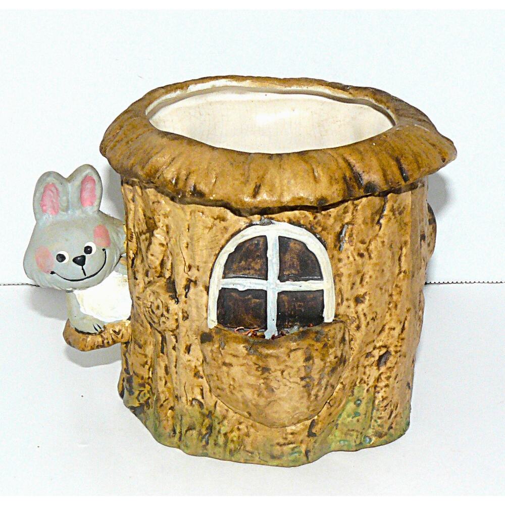 Vintage Enesco Handpainted Ceramic Easter Bunny Tree Stump Planter Cachepot
